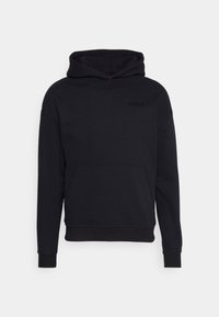 Sweatshirt à capuche noir en tissu doux, avec une poche kangourou, des poignets et un bas côtelés, doté d'un logo subtil sur la poitrine.