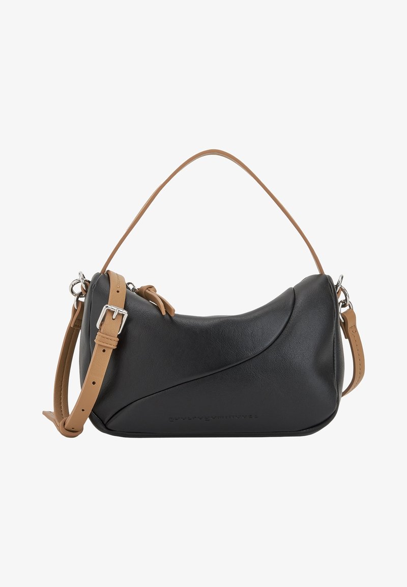 Black leather handbag with a curved design, featuring a tan adjustable shoulder strap and silver hardware accents.