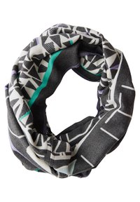 Mønstret infinity-scarf med flere farver i geometriske mønstre i sort, hvid samt nuancer af teal og lavendel. Fremstillet af blødt stof med en tekstureret overflade.