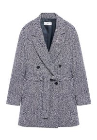 Cappotto doppiopetto in un tessuto testurizzato navy e bianco. Presenta una vita regolabile con cintura e ampi rever a punte, con due bottoni e tasche laterali.