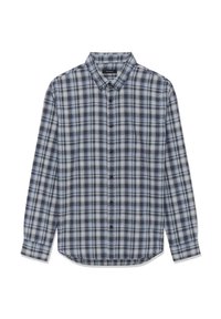 Mėlynas ir pilkas languotas marškinėlių mygtukais švarkas su ilgomis rankovėmis, vidutinio storio audinys, suapvalintas kraštas ir kontrastingi tamsūs mygtukai.