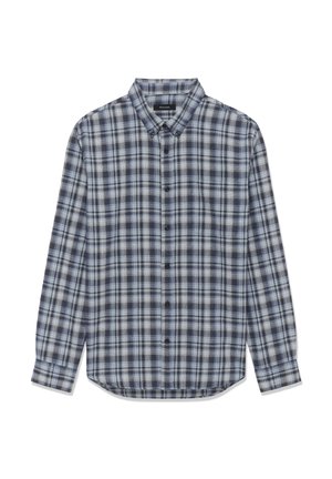 Kék és szürke kockás gombos ing hosszú ujjakkal, közepes súlyú anyagból, lekerekített aljjal és kontrasztos sötét gombokkal.