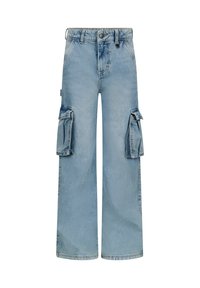 Lichtblauwe cargo jeans van denim, met wijde pijpen, twee grote zijzakken en een knoopsluiting met riemlussen.