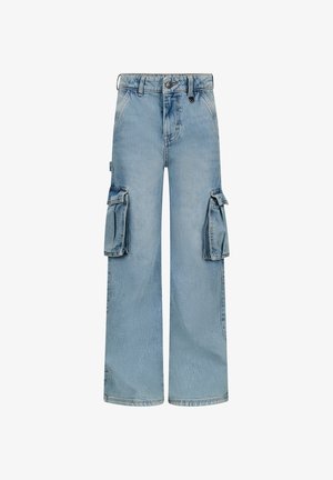 Hellblaue Cargo-Jeans aus Denim, mit weitem Bein, zwei großen Seitentaschen und einem Knopfverschluss mit Gürtelschlaufen.