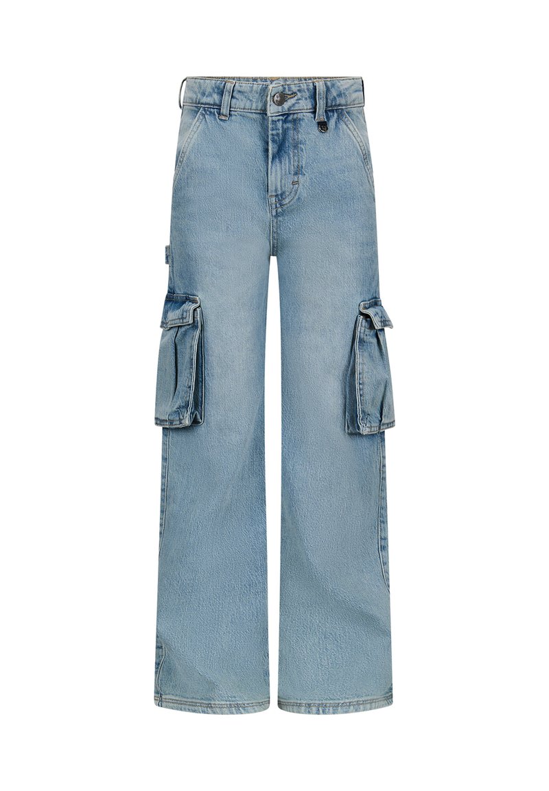 Lichtblauwe cargo jeans van denim, met wijde pijpen, twee grote zijzakken en een knoopsluiting met riemlussen.