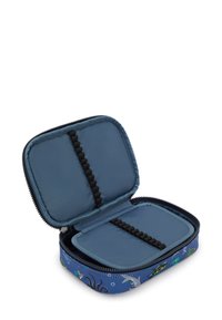 Custodia con zip dal design esterno blu che presenta motivi subacquei. L'interno include anelli elasticizzati su entrambi i lati per organizzare gli oggetti.