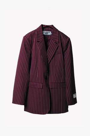 Burgundy blazer with white pinstripes, single-button closure, notched lapels, two front pockets, and label detail on the left sleeve.