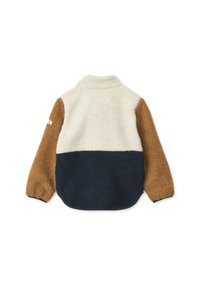Fleece pullovers ar pusveteri. Krāsu bloks: krēmkrāsas, brūnas un tumši zilas. Mīksta tekstūra ar brīvu piegriezumu un elastīgām piedurknēm.