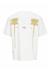 Hvid bomulds t-shirt med guld palme grafikker på ryggen, med teksten "EL PARQUE del LAGO" og en loose-fitting design.
