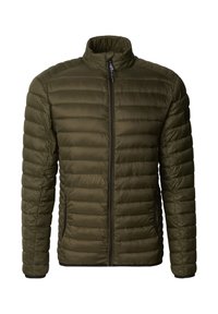 Olivgrüne Steppjacke mit hohem Kragen, horizontalem Steppmuster, durchgehendem Reißverschluss und kontrastierenden schwarzen Akzenten an Bündchen und Saum.