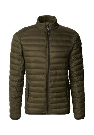 Olivově zelená péřová bunda s vysokým límcem, horizontálním prošíváním, předním zipem a černými kontrastními detaily na manžetách a spodním lemu.