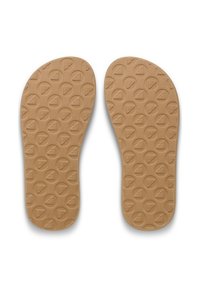 Brązowe gumowe wkładki z fakturowaną powierzchnią ozdobioną okrągłymi wzorami i podniesionymi trójkątnymi logo zapewniającymi przyczepność i wygodę.
