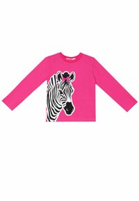 Rosa Langarm-T-Shirt mit einem schwarz-weißen Zebra-Design und einer pinken Schleife auf dem Kopf des Zebras. Weicher, angenehmer Stoff.