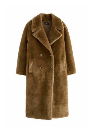 Brauner Kunstfellmantel mit einem doppelt knöpfbaren Design, großem Kragen, zwei Vordertaschen und strukturiertem Material. Knöpfe auf der Vorderseite zur Schließung.