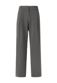 Grijze pinstripe broeken met een wijd model, voorzien van een platte tailleband en subtiele textuur. Geen zichtbare zakken of hardware-accenten.
