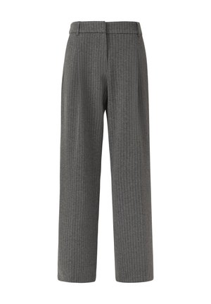 Grijze pinstripe broeken met een wijd model, voorzien van een platte tailleband en subtiele textuur. Geen zichtbare zakken of hardware-accenten.