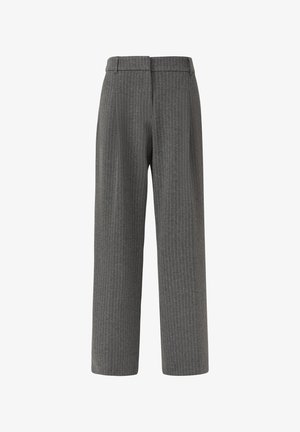 Grau gestreifte Hose im weit geschnittenen Design, mit flachem Bund und subtiler Textur. Keine sichtbaren Taschen oder metallenem Zubehör.