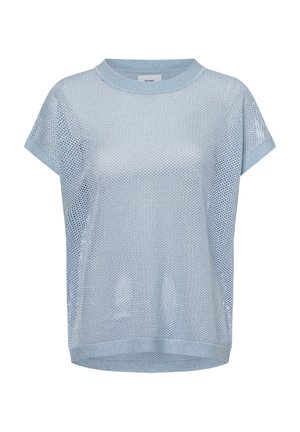 Helles blaues T-Shirt mit kurzen Ärmeln aus Netzgewebe, rundem Ausschnitt und lockerer Passform, das eine luftige, atmungsaktive Textur aufweist.