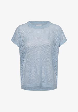 Helles blaues T-Shirt mit kurzen Ärmeln aus Netzgewebe, rundem Ausschnitt und lockerer Passform, das eine luftige, atmungsaktive Textur aufweist.