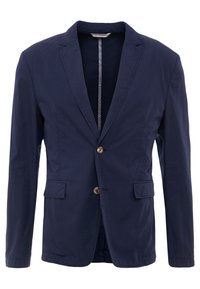 Granatowa marynarka uszyta z bawełnianej tkaniny, z zapięciem na dwa guziki, klapami w kształcie litery V oraz dwoma przednimi kieszeniami. Gładka tekstura i dopasowany krój.