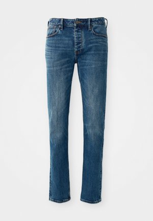 Blå denimjeans med rett benkutt, som har et klassisk fem-lomme design og subtilt falmet tekstur, med metallnitter og sømdetaljer.