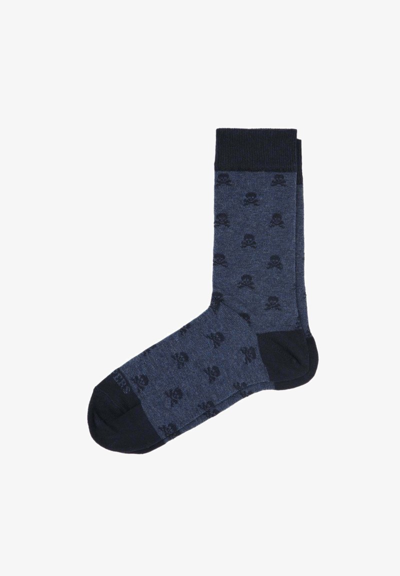 Calcetines azul marino con un sutil patrón de calaveras en un azul más oscuro. Fabricados con una tela suave, cuentan con un puño acanalado para mayor comodidad.