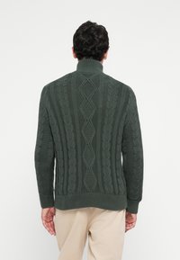 Homem com suéter de gola alta em malha cabos verde-escura e calças bege, visto de costas contra um fundo simples.