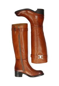Braune Lederstiefel bis zum Knie mit einem seitlichen Reißverschluss, glatter Textur, quadratischem Absatz und silbernem Hardware-Akzent am Knöchel.