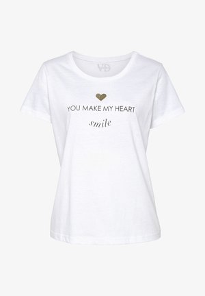 Weißes Baumwoll-T-Shirt mit rundem Ausschnitt, kurzen Ärmeln und schwarzem Text "DU MACHST MEIN HERZ lächeln" mit einem goldenen Herz-Akzent.