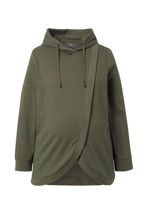 Felpa verde oliva con cappuccio e lacci, maniche lunghe e un dettaglio unico di sovrapposizione sulla parte anteriore dell'orlo.