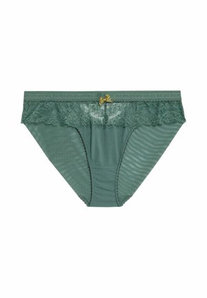 Ropa interior verde para mujer con borde de encaje en la parte superior y un pequeño lazo decorativo amarillo en la cintura central.