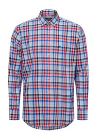 Camicia a maniche lunghe con bottoni, in tessuto a quadri con colori rosso, blu e bianco. Presenta un orlo arrotondato e un piccolo logo ricamato sul petto.