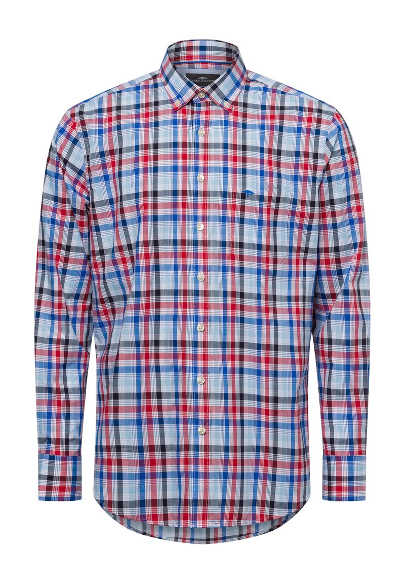 Camicia a maniche lunghe con bottoni, in tessuto a quadri con colori rosso, blu e bianco. Presenta un orlo arrotondato e un piccolo logo ricamato sul petto.