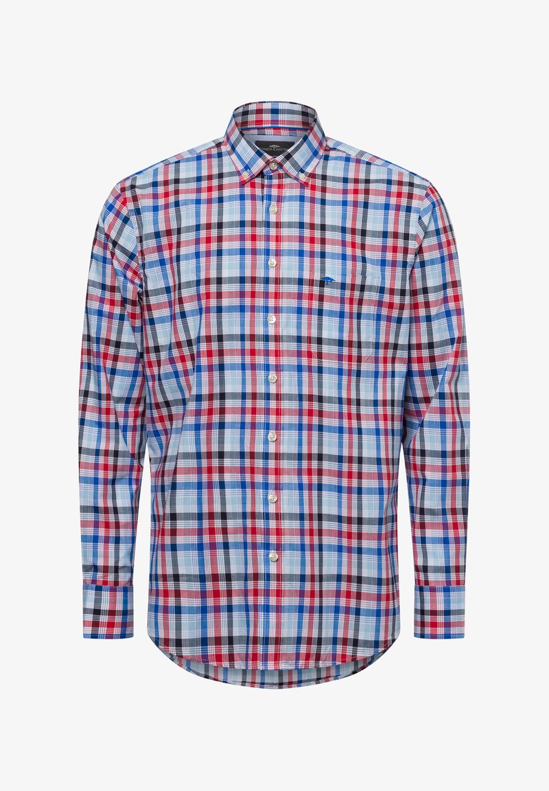Langärmliges Hemd mit Knöpfen im karrierten Muster in Rot, Blau und Weiß. Verfügt über einen abgerundeten Saum und ein kleines gesticktes Logo auf der Brust.