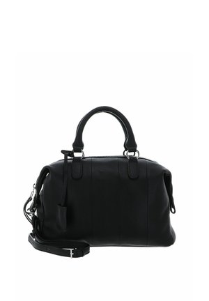 Sac à main en cuir noir avec une surface texturée, des poignées arrondies, une bandoulière amovible et des accents de quincaillerie visibles.