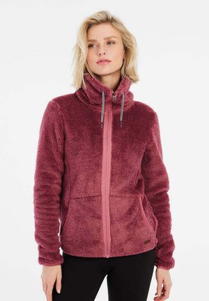 Fleece zip-up jack in donkerroze, met een hoge kraag, twee voorzakken en een zachte, gestructureerde afwerking. Trekkoord op de capuchon.