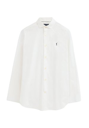 Biała koszula z długim rękawem na guziki z małym czarnym haftowanym logo golfisty na lewej piersi.