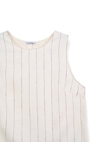 Ärmelloses Top aus cremefarbenem Stoff mit schwarzen senkrechten Streifen, featuring einem runden Ausschnitt und einer Seitentasche. Glatte Textur und lässiges Design.