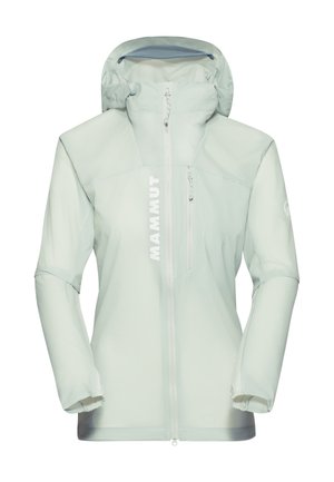 Light blue Mammut jacket with a zippered front, drawstring hood, and elastic cuffs. Features a prominent logo on the left side.