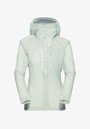 Himmelpblaues Mammut-Jacke mit einem Reißverschluss vorne, verstellbarem Kapuzenzug und elastischen Bündchen. Mit einem auffälligen Logo auf der linken Seite.