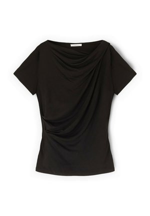 Black short-sleeve top with draped neckline and gathered fabric detail on front, made of soft, stretchy material.