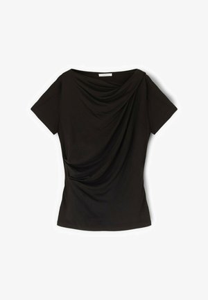 Black short-sleeve top with draped neckline and gathered fabric detail on front, made of soft, stretchy material.