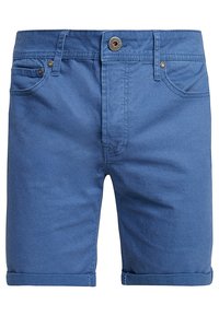 Blå denimshorts med knäppning och fem fickor. Har uppvikta ärmar, slät yta och kontrasterande sömmar.