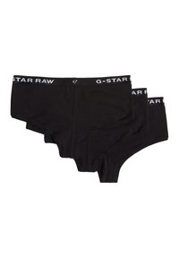 Črne bombažne hlače z belim logotipom G-Star Raw na pasu. Vsebujejo tri pare, ki imajo gladko teksturo in prilegajočo obliko.
