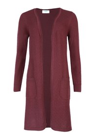 Burgundy long cardigan made of textured knit fabric, featuring an open front, two front pockets, and ribbed cuffs.