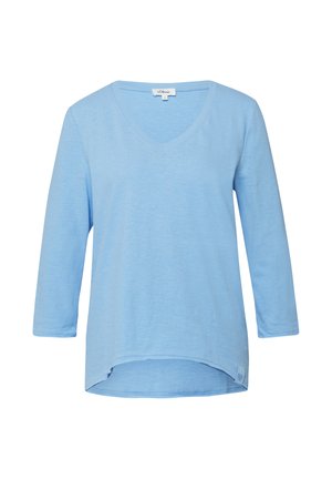 Helehall sinine naiste pikkade varrukatega V-kaelusega särk, mille alumine serv on veidi kaarduv ja esiküljel vasakul all on väike kangasilt.