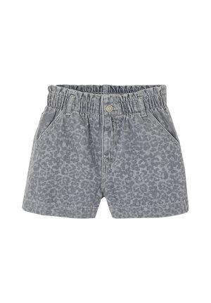 Gray elastic-waist shorts with subtle leopard print, front button, pockets, and belt loops, designed for casual wear.
