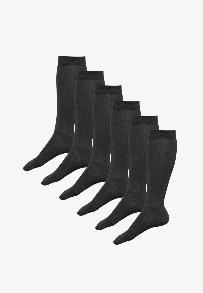 Sei paia di calze grigio scuro realizzate in tessuto morbido, con una texture liscia, lunghezza fino al ginocchio e polsini rinforzati.