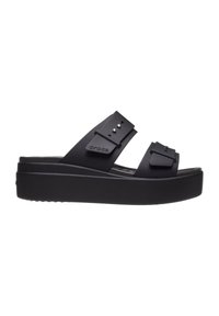 Black platform sandals with two wide straps and decorative buckles. Features a textured footbed and slip-resistant sole.