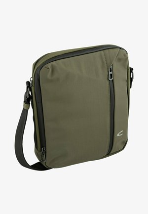 Olive green messenger bag with a smooth texture, featuring a front zipper pocket and adjustable black strap. Side logo accent detail.
